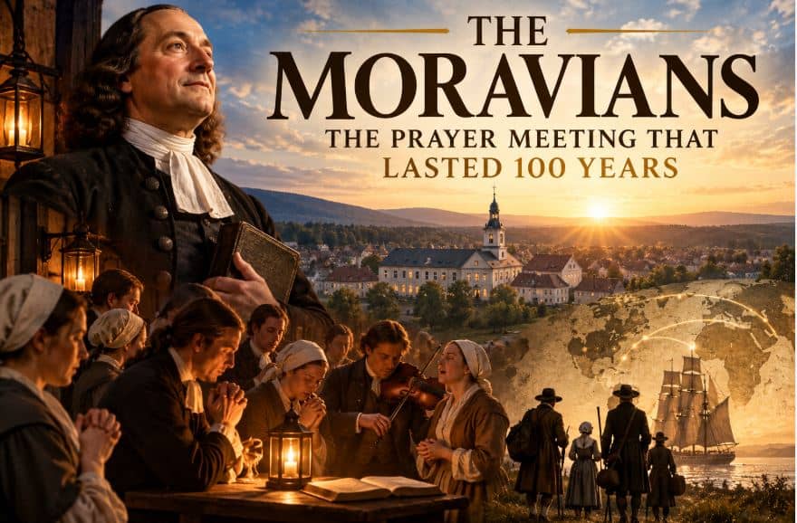 Illustrative artwork of the Moravian revival, prayer meetings at Herrnhut and worldwide missions